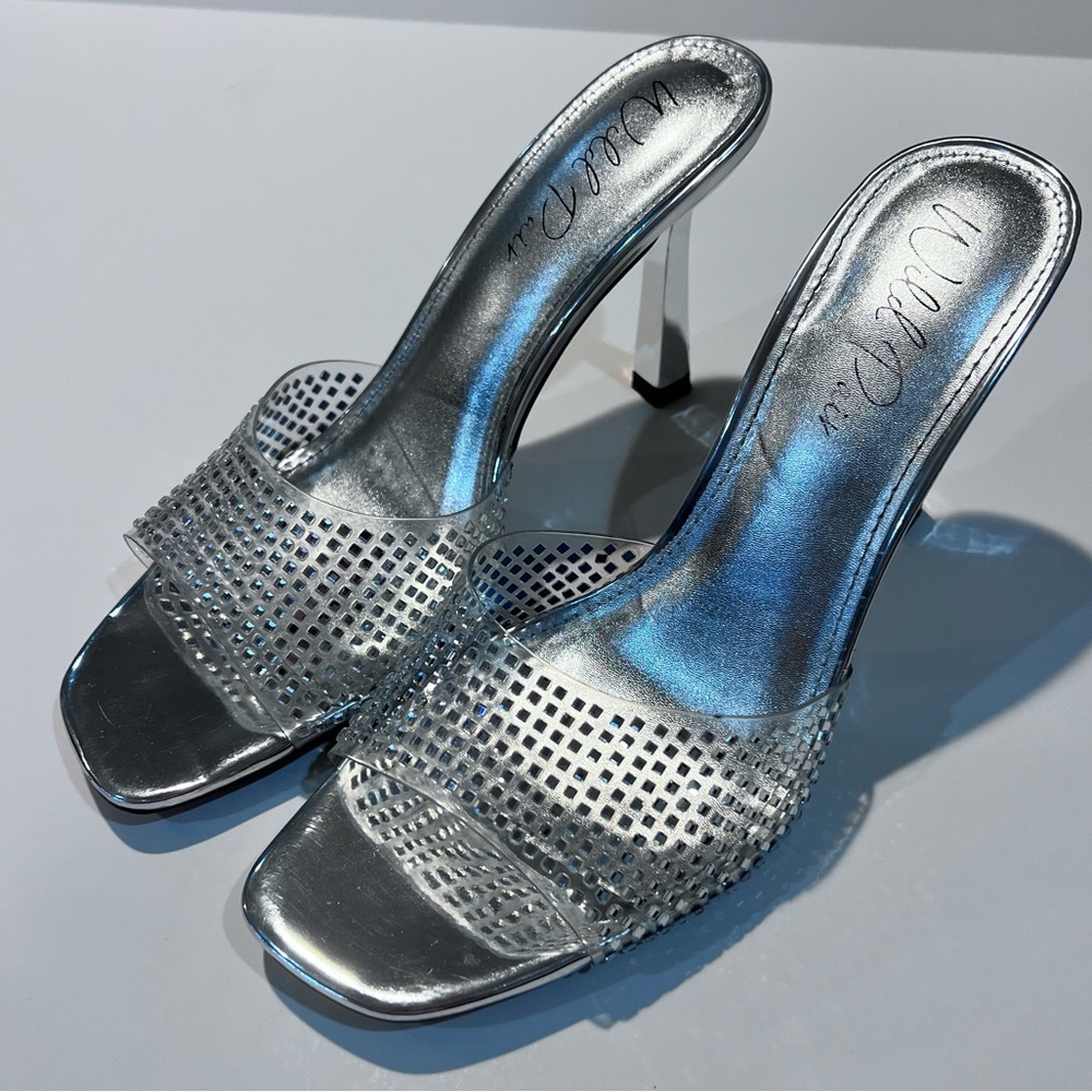 Women's Silver Clear Slide Heel Sandals